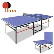 ZIVACATE 8ft Mid-Size Table Tennis Table, Foldable&Portable, Ping Pong Table with Net, 2 Table Tennis Paddles and 3 Balls for Indoor Outdoor Game-Blue,Black
