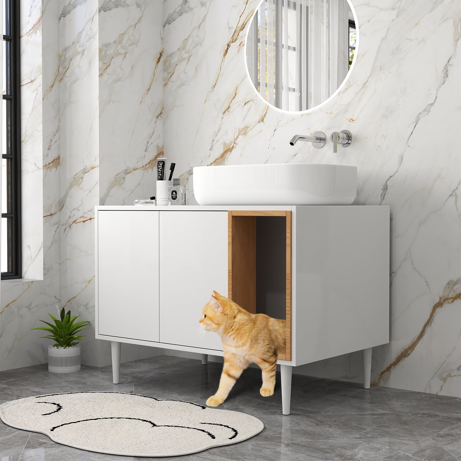 ZIVACATE Bathroom Sink Cabinet with Cat Litter Box Furniture Hidden Fit Most of Litter Box White