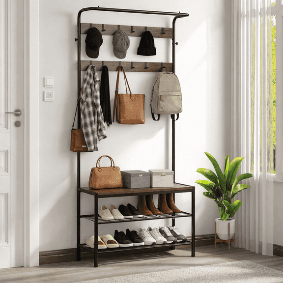ZIVACATE Coat Rack, Hall Tree with Shoe Storage Bench, Entryway Bench with Shoe Storage, 4-in-1, Steel Frame, for Entryway, 28.35 x 13.27 x 72.05 in,Brown