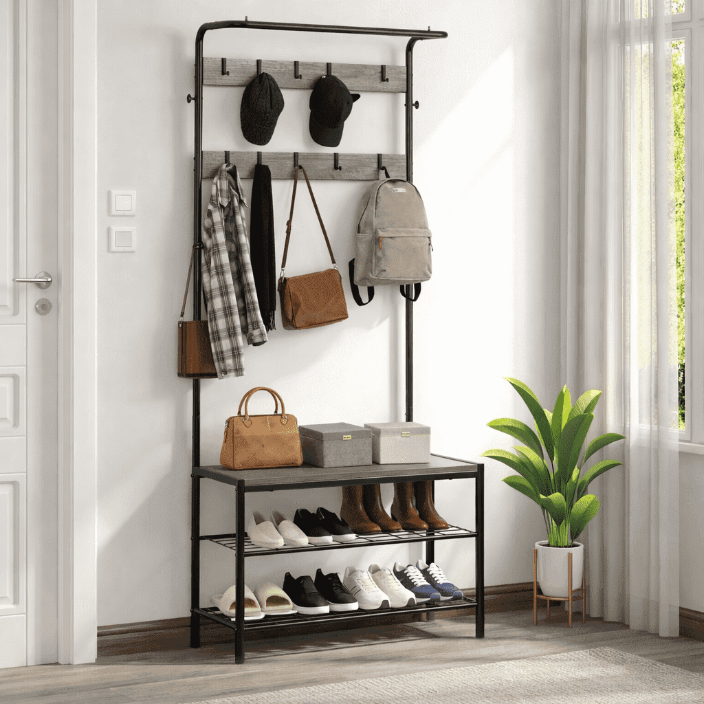 ZIVACATE Coat Rack, Hall Tree with Shoe Storage Bench, Entryway Bench with Shoe Storage, 4-in-1, Steel Frame, for Entryway, 28.35 x 13.27 x 72.05 in,Grey