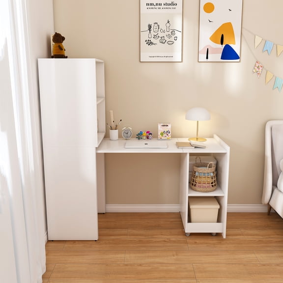 ZIVACATE Computer Desk with Bookshelf, Stretchable Desk with Storage Shelves and Mobile Wheels, Compact Office Desks & Workstations, Desk for Bedroom, Kids Room, Study, Kitchen (White)