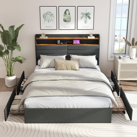 ZIVACATE Full Bed Frame with 4 Drawers, Upholstered Full Size Bed Frame with Headboard, LED, Charging Station with USB Ports & AC Outlets, Sturdy Metal Slat Support, Noiseless, Gray