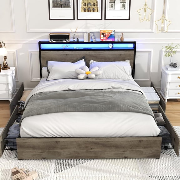 ZIVACATE Full Size Bed Frame with Headboard LED Platform Bed with 4 Storage Drawers Charging Station