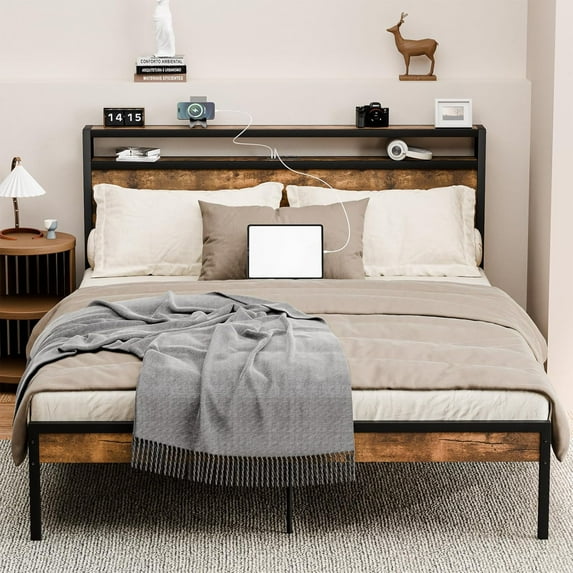 ZIVACATE Full Size Bed Frame with Headboard and USB Ports,Outlets & Charging Station,Brown