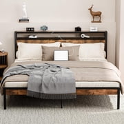 ZIVACATE King Bed Frame with Headboard and Outlets & Charging Station,No Box Spring Needed,Brown