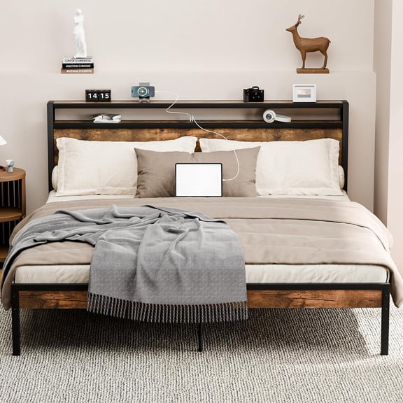 ZIVACATE King Bed Frame with Headboard and Outlets & Charging Station,No Box Spring Needed,Brown