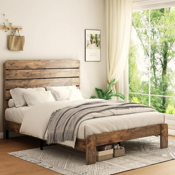 ZIVACATE King Size Bed Frame with Headboard, Rustic Wood Platform Modern Farmhouse Standard Bed with Headboard, Brown