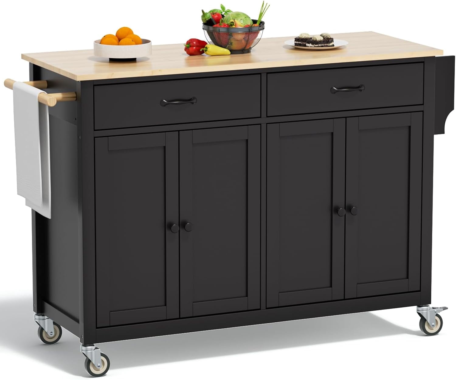 ZIVACATE Kitchen Island Cart with Solid Wood Top Mobile Carts Portable Islands on Wheels, Black