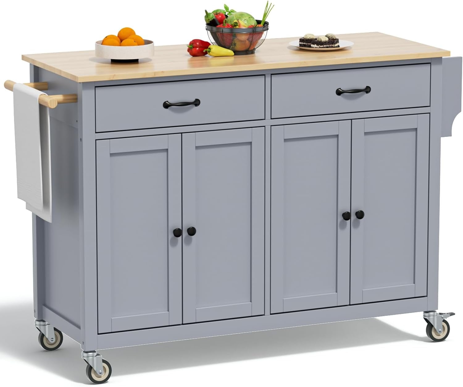 ZIVACATE Kitchen Island on Wheels 54in Rolling Cart with wood Top Spice Towel Rack Drawers, Grey
