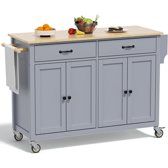 ZIVACATE Kitchen Island on Wheels 54in Rolling Cart with wood Top Spice Towel Rack Drawers, Grey