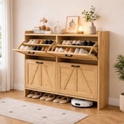 ZIVACATE Rustic Shoe Storage Cabinet with 4 Flip Drawers, Adjustable Shelf, Freestanding Narrow Shoe Rack for Entryway, Hallway, Living Room,Light Oak