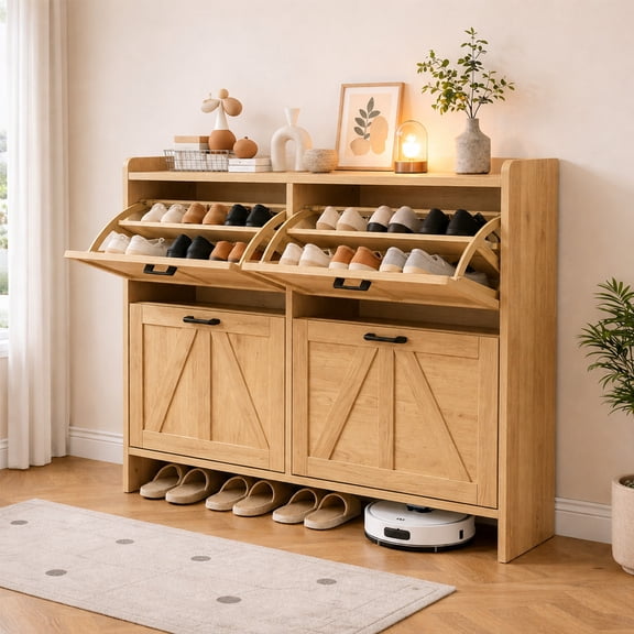 ZIVACATE Rustic Shoe Storage Cabinet with 4 Flip Drawers, Adjustable Shelf, Freestanding Narrow Shoe Rack for Entryway, Hallway, Living Room,Light Oak
