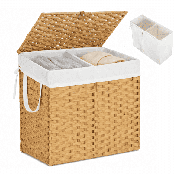 ZIVACATE Laundry Hamper with Lid, 28 Gallon (110 L) Synthetic Rattan Clothes Laundry Basket with Lid and Handles, Foldable, Removable Liner,Yellow