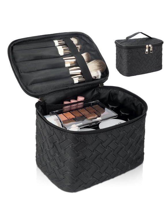 Travel Makeup Bag with Compartments, Large Cosmetic Organizer with Brush Storage, Portable Toiletry Case for Women Men, Black