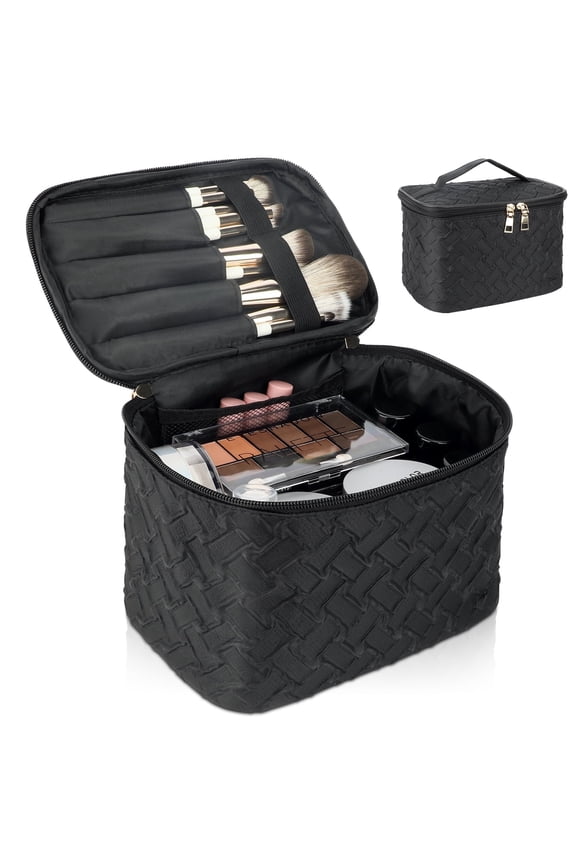 Makeup Bag With Compartments Large Toiletry Bag For Women Men Travel Cosmetic Bags Case Organizer Portable With Brush Storage,Black