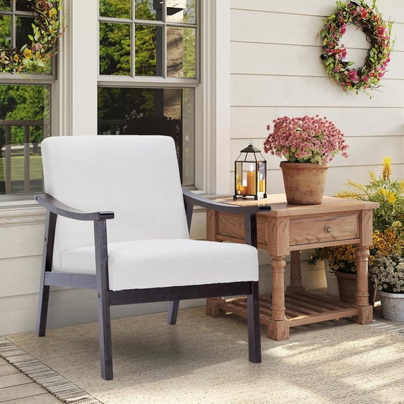 ZIVACATE Modern Accent Chairs, Mid Century Arm Upholstered Chair with High Back&Solid Wood Legs, Leisure Reading Chair Suitable for Living Room, Bedroom(Ancient White,Polyester)