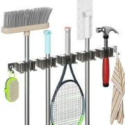 ZIVACATE 5 Racks and 2 Hooks Mop and Broom Holder Wall Mount, Broom Organizer Storage Tool Racks Stainless Steel Heavy Duty Hooks Self Adhesive Solid Non-slip for Home Kitchen Garden Laundry,Silver