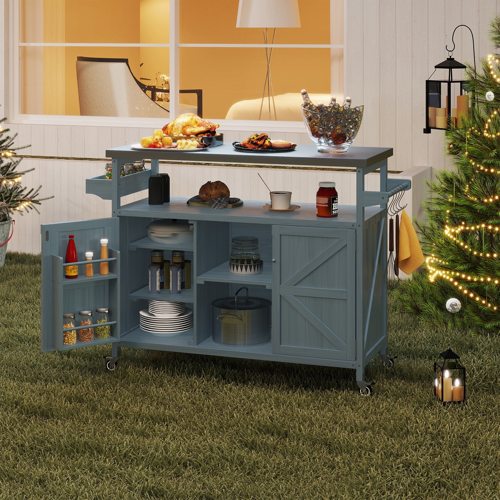 ZIVACATE Outdoor Grill Cart Solid Wood Kitchen Island Stainless Steel Tabletop with Wheels