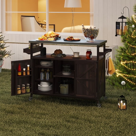ZIVACATE Outdoor Grill Cart With Storage Solid Wood Kitchen Island on Wheel Stainless Steel Tabletop