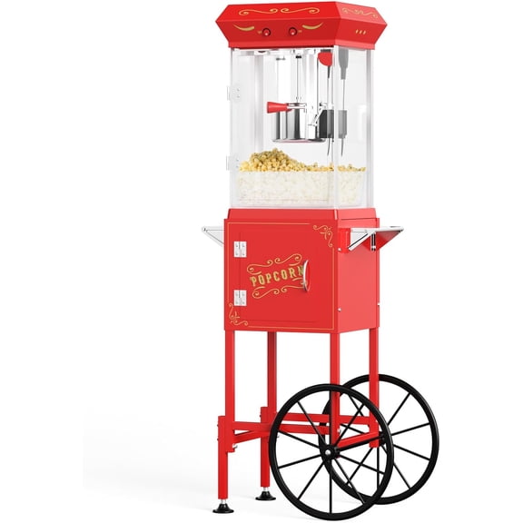ZIVACATE Popcorn Machine with Cart, 6 Oz Kettle, 480 W Movie Theater Popcorn Maker for Commercial Home Movie Theater Vintage Style, Red
