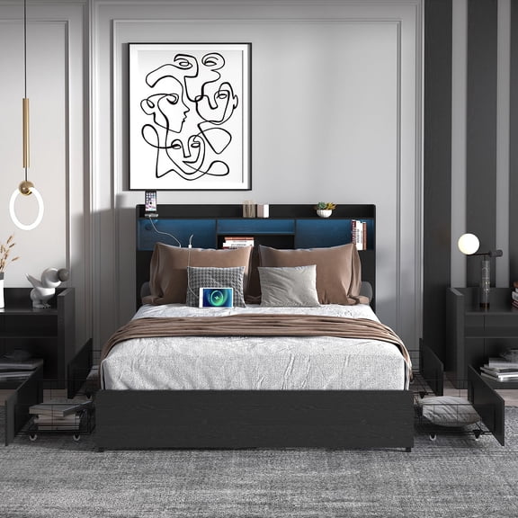 ZIVACATE Queen Bed Frame with 4 Storage Drawers Queen Bed Frame with Headboard and Storage Shelf, Storage Bed with Led and Charging Station, No Noise,No Box Springs Needed,Black