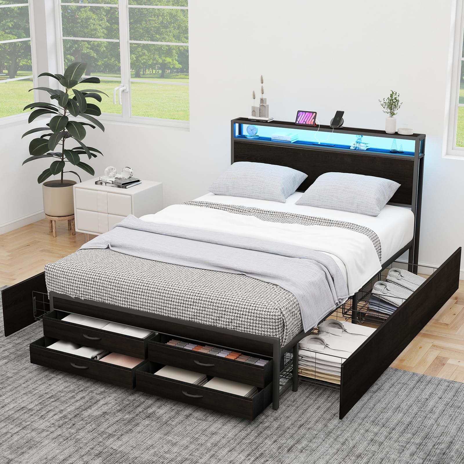 ZIVACATE Queen Bed Frames with Headboard, Queen Size Storage Bed Frame with 8 Drawers, Built-in Charging Ports & Outlets, Adjustable Atmospheric LED Lights, Queen-Size Metal Foundation Beds, Black