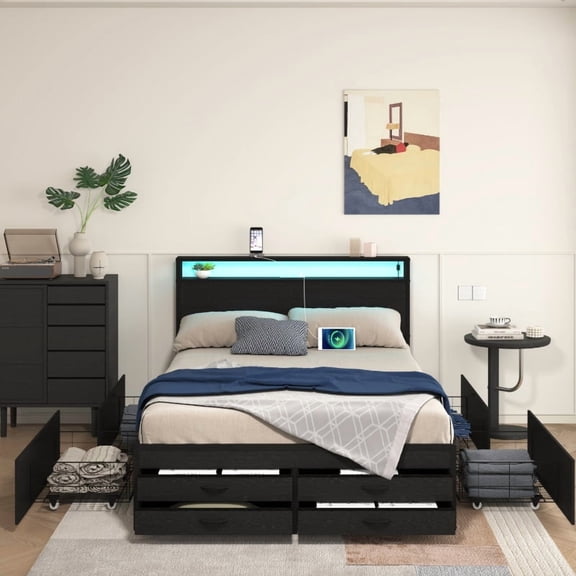 ZIVACATE Queen Size Bed Frame with 8 Storage Drawers, LED Headboard & USB Charging Station, Noise Free Metal Platform Bed, No Box Spring Needed, Black
