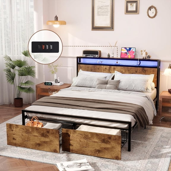 ZIVACATE Queen Size Bed Frame with Headboard 2 Drawers Storage LED Lights No Box Spring Needed