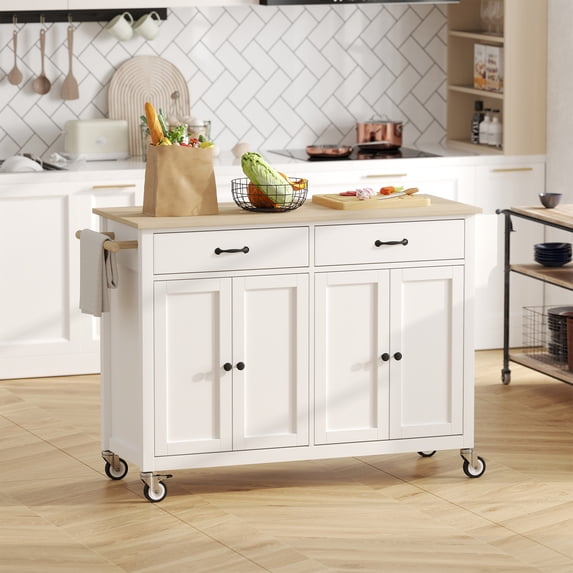 ZIVACATE Rolling Kitchen Island on Wheels Cart 54in with Storage for Kitchen Dinning Room,White