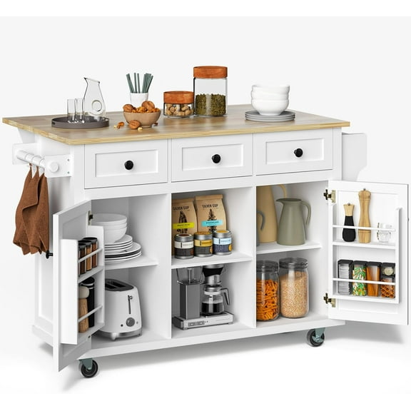 ZIVACATE Rolling Kitchen Island with Drop Leaf and Storage Large 53 in Movable Kitchen Carts White