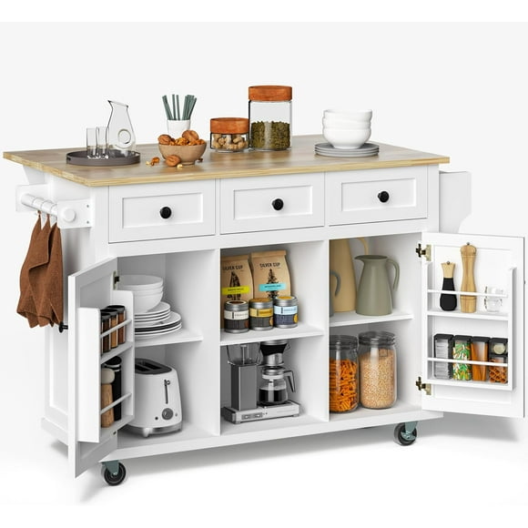 ZIVACATE Rolling Kitchen Island with Drop Leaf and Storage Large 53 in Movable Kitchen Carts White