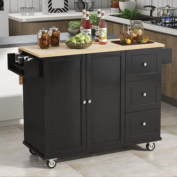ZIVACATE Rolling Mobile Kitchen Island with Wood Top and Drop Leaf Breakfast Bar, Cabinet/Drawers/Locking Wheels/Spice&Towel Rack, 52.7 Inch Width,Black