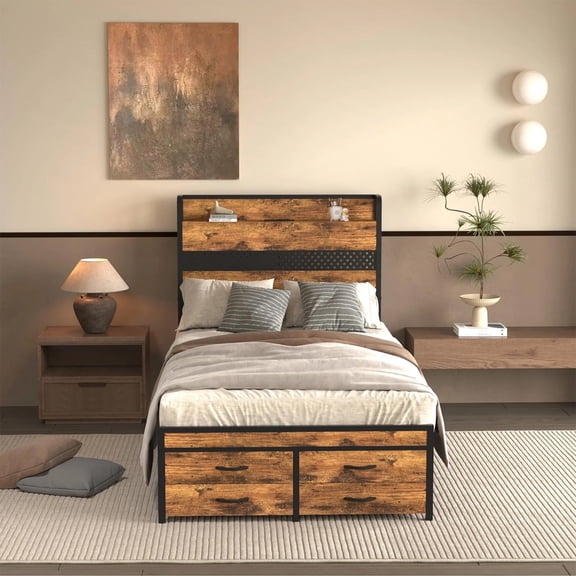ZIVACATE Twin Bed Frames with Headboard, Twin Size Bed Frames with 4 Storage Drawers, Twin Bed, Wood Metal