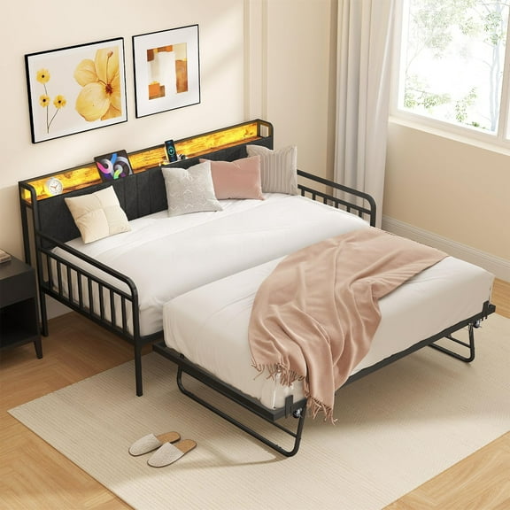 ZIVACATE Twin Daybed with Trundle Rustic Metal Sofa Bed Frame with Upholstered Headboards & Charging Station, Day Bed Frame for Living Room, Bedroom, Apartment, Guest Room
