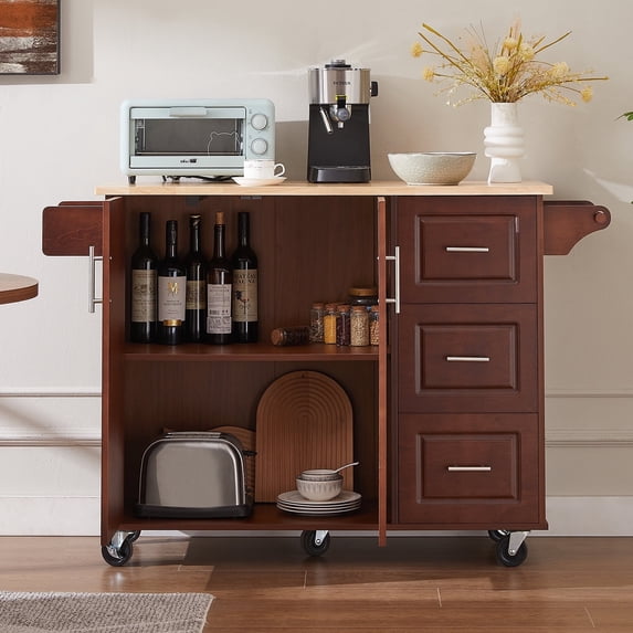 ZIVACATE Walnut 54" Rolling Kitchen Island Cart with Storage, Large Kitchen Cart with Folding Drop Leaf Breakfast Bar, Wood Island Table for Kitchen with 3 Drawers and Spice Rack & Towel Rack, Brown