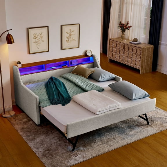 ZIVACATE  Pop-Up Trundle, Linen Upholstered Twin to King Daybed with USB & Wireless Charging, LED Lights, Wooden Frame ,Sofa Bed for Living Room & Bedroom, No Box Spring Needed