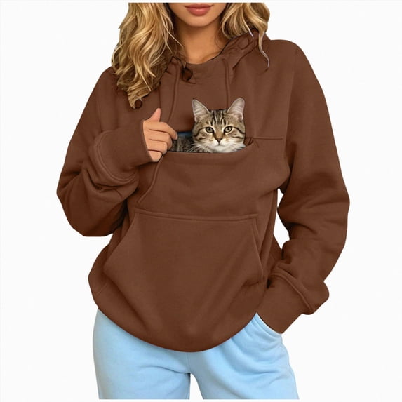 ZIXKCGDSE Cat Pouch Hoodie for Women Sweatshirt with Pet Pocket Carrier Pullover Fall Tops Size L