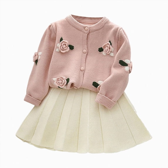 ZIXKCGDSE Girl Skirt Set Knit Sweater Flower Top and Pleated Skirt Elegant Fall Winter Outfit Size 1-2 Years