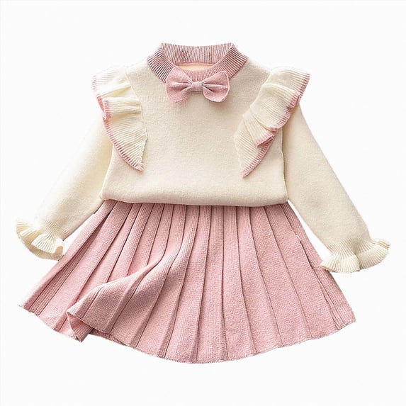 ZIXKCGDSE Girl Skirt Set Knit Sweater Flower Top and Pleated Skirt Elegant Fall Winter Outfit Size 3-4 Years