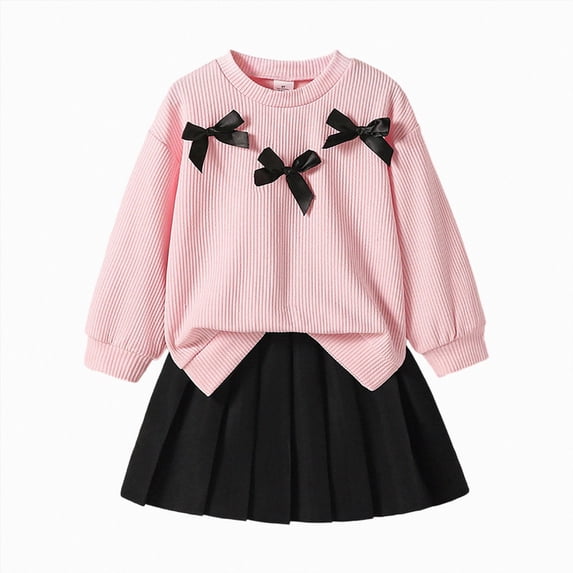 ZIXKCGDSE Girls 2 Piece Outfits Bow Long Sleeved Pullover Fall Tops and Skirt School Clothing Set Size 5 Years
