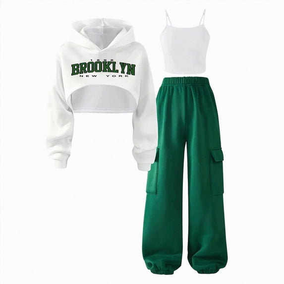 ZIXKCGDSE Girls 3 Piece Outfits Tank Tops Letter Print Hooded Sweatshirt and Sweatpants Set Size 9-10 Years