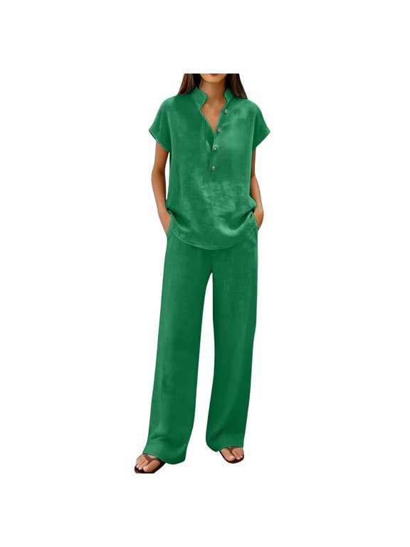 Two Piece Sets for Women Summer Short Sleeve Button Down Shirt and Wide Leg Pants Size L2