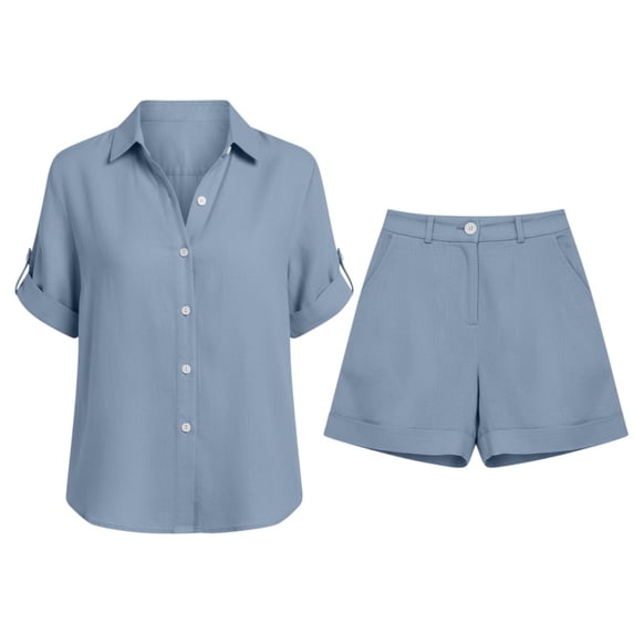 ZIXKCGDSE Women 2 Piece Linen Short Sets Button Down Shirt and Bottom Matching with Pockets Size L