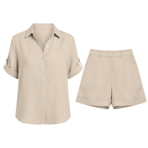 ZIXKCGDSE Women 2 Piece Linen Short Sets Button Down Shirt and Bottom Matching with Pockets Size M