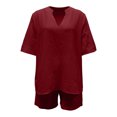 thumbnail image 1 of ZIXKCGDSE Women 2 Piece Linen Short Sets V Neck Pullover Shirt and Shorts Summer Outfits Size L2, 1 of 4