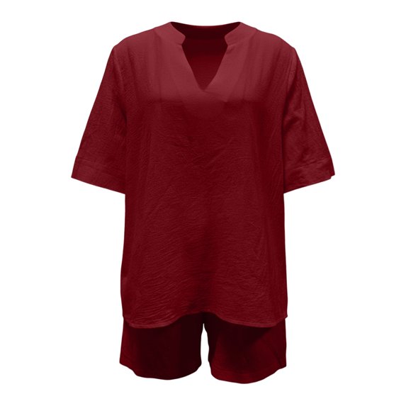 ZIXKCGDSE Women 2 Piece Linen Short Sets V Neck Pullover Shirt and Shorts Summer Outfits Size L2