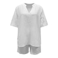 thumbnail image 1 of ZIXKCGDSE Women 2 Piece Linen Short Sets V Neck Pullover Shirt and Shorts Summer Outfits Size M, 1 of 4
