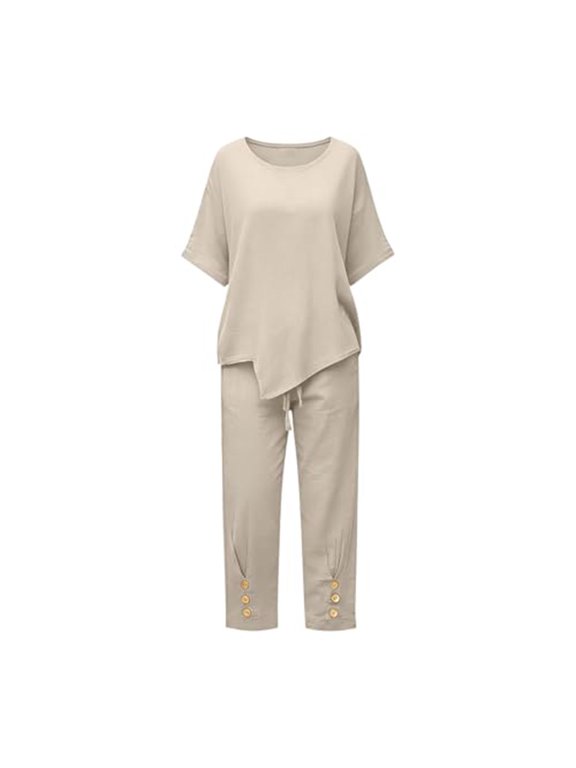 Women 2 Piece Outfits Crewneck Short Sleeve Top Button High Waist Pants Casual Sets Size L2
