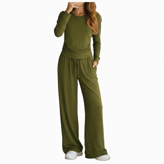 ZIXKCGDSE Women's Outfits Yoga Clothes Set Long Sleeve Wide Leg Pants Vacation Sweatsuits Size XXL