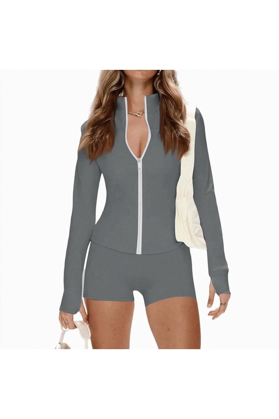 Womens Workout Set 2 Piece Outfits Bodycon Long Sleeve Zipper Jacket and Leggings Size M